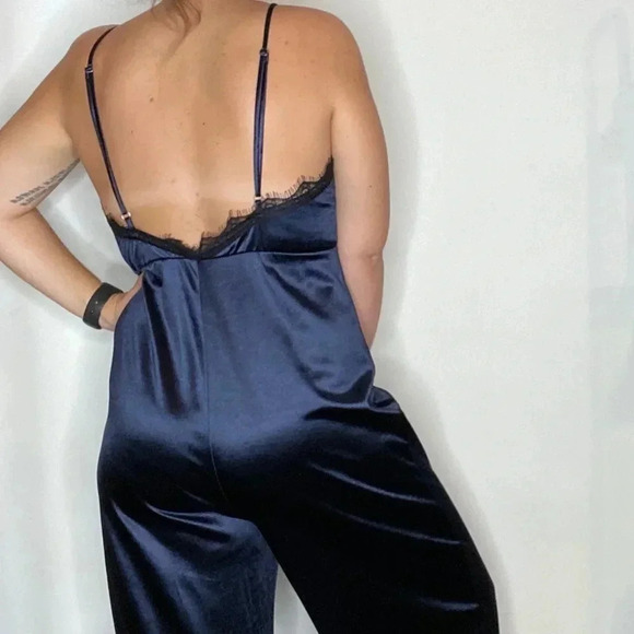 Leith Navy Satin Jumpsuit with Black Lace Trim - Picture 2 of 4
